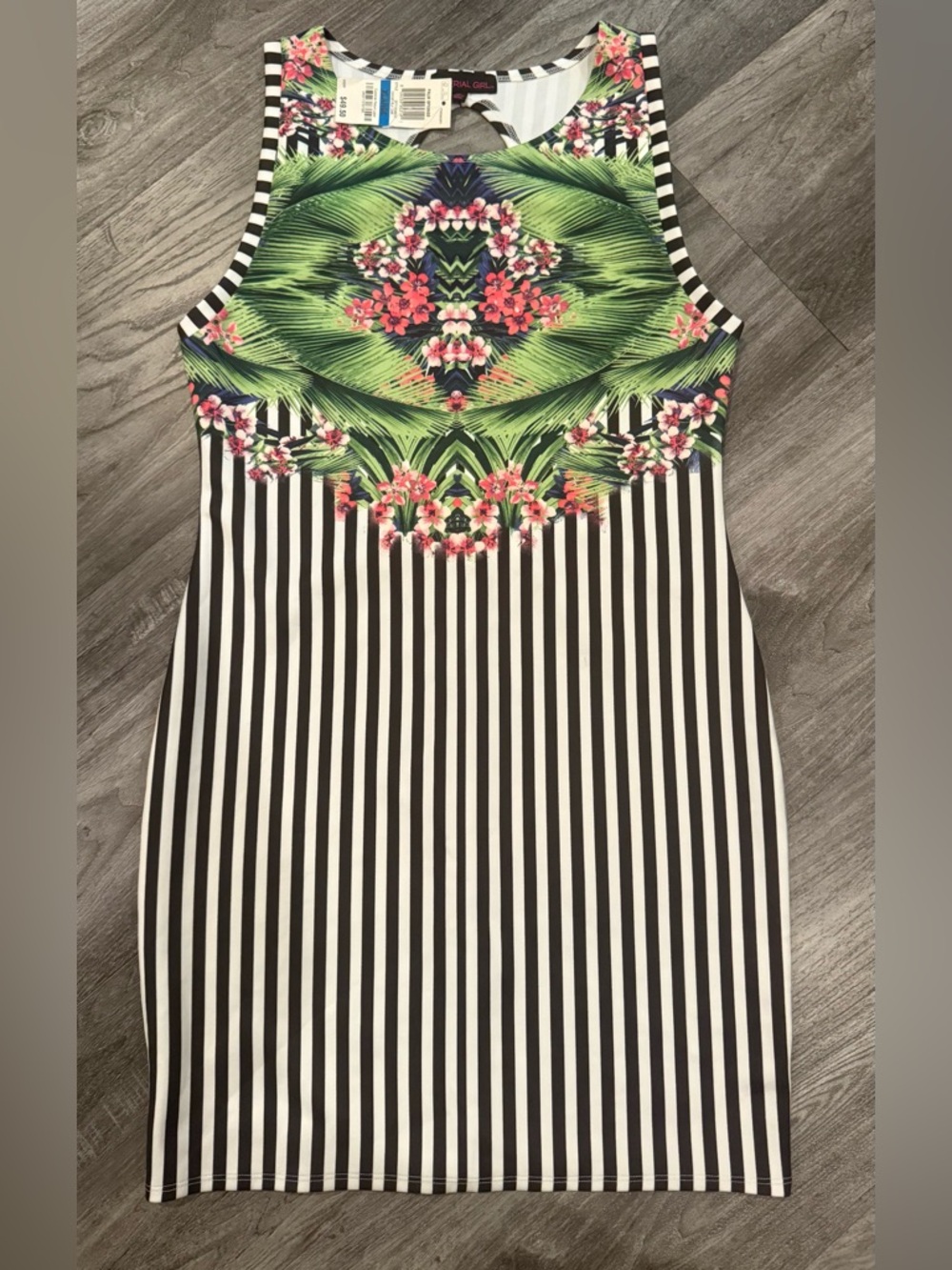 Material Girl Black & White Striped Midi Dress with Green Palm Floral Print NWT